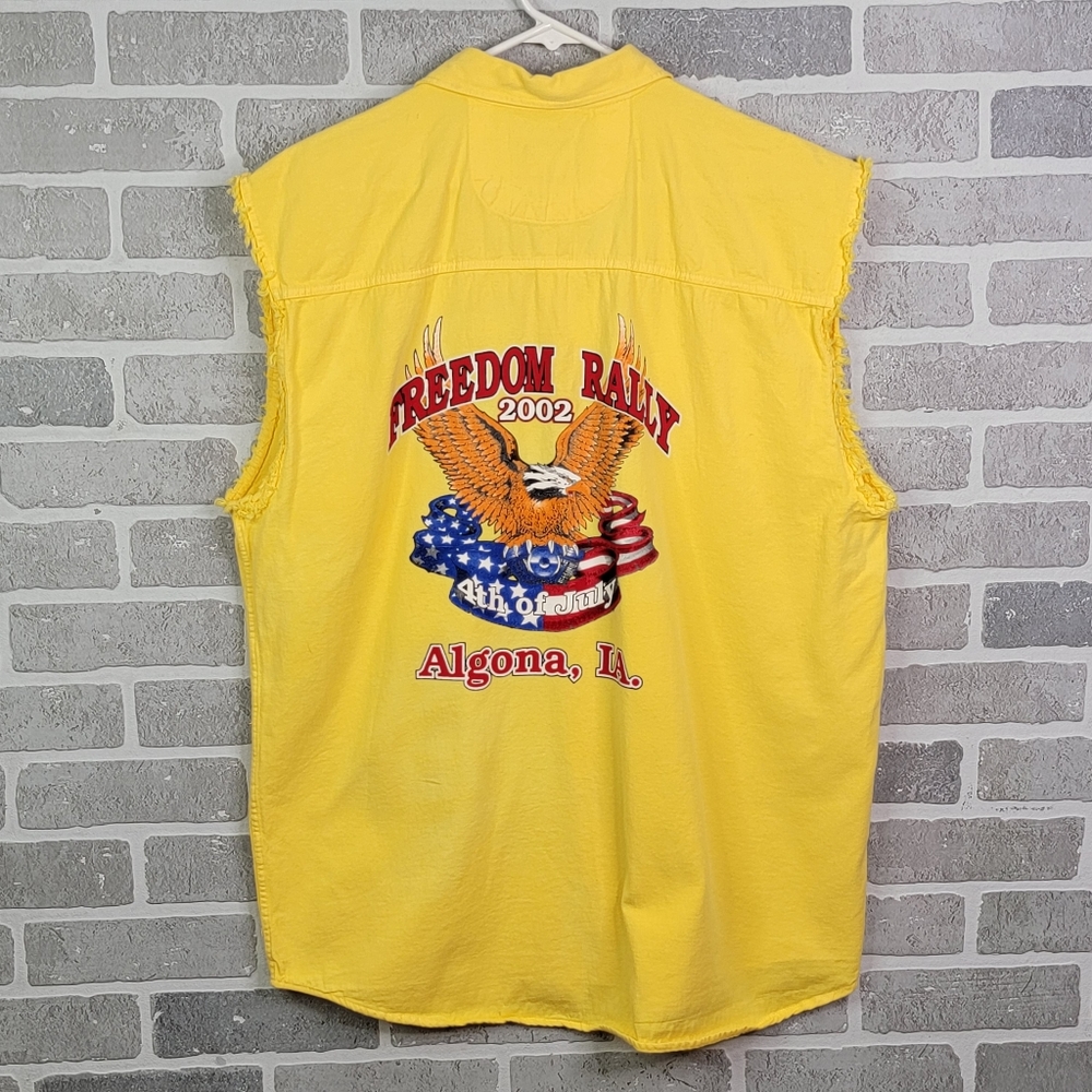 Freedom Rally 2002 4th of July Algona, IA Vintage Y2K Cut -Off Yellow Shirt L - Picture 1 of 12